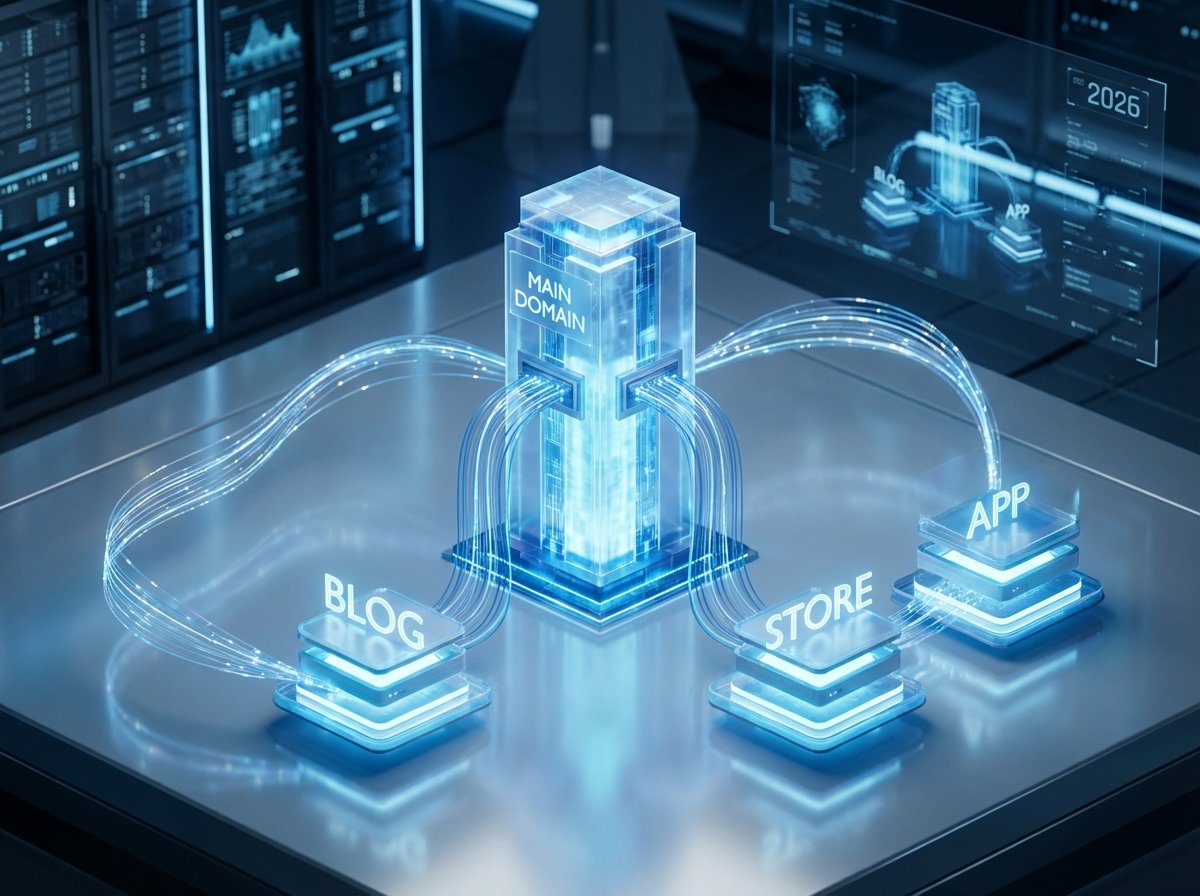 Uma ilustração isométrica de alta tecnologia mostrando um servidor central (domínio principal) ramificando-se em várias ilhas menores conectadas (subdomínios), representando blog, loja e app, com um esquema de cores azul cibernético e branco, estilo futurista e limpo.